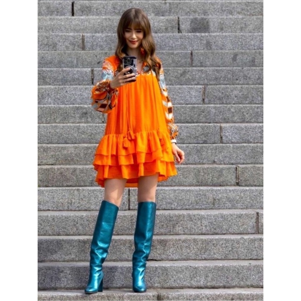 Iris Apfel X H&M Flounce Embroidered Tunic Dress Orange Size S Emily Paris Boho